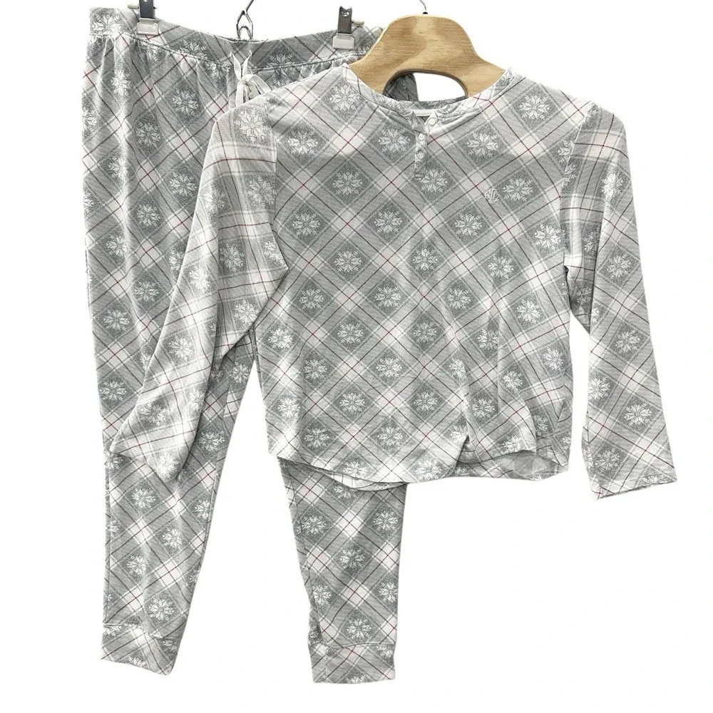 Lauren Ralph Lauren 2 Piece Plaid Pajama‎ Set Women's XL Henley Fair Isle